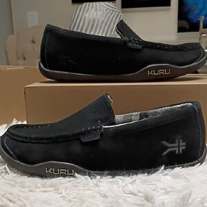 KURU Loft Jet Black Slip-On Leather Moccasin Loafers Plantar Fascitis 10